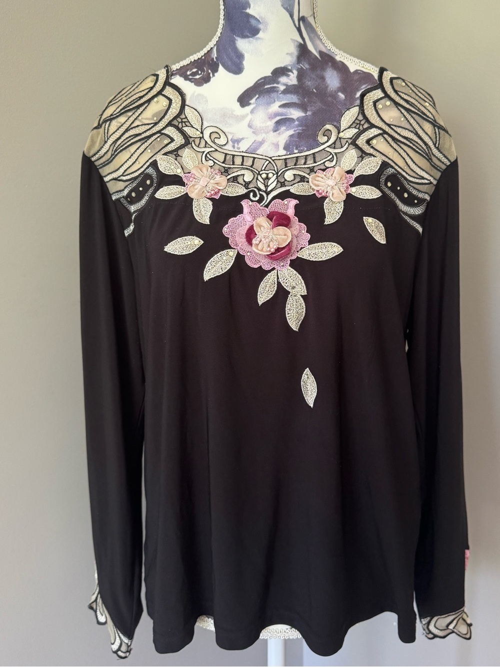 Y2K Embroidered Floral Appliqué Black Long Sleeve Top